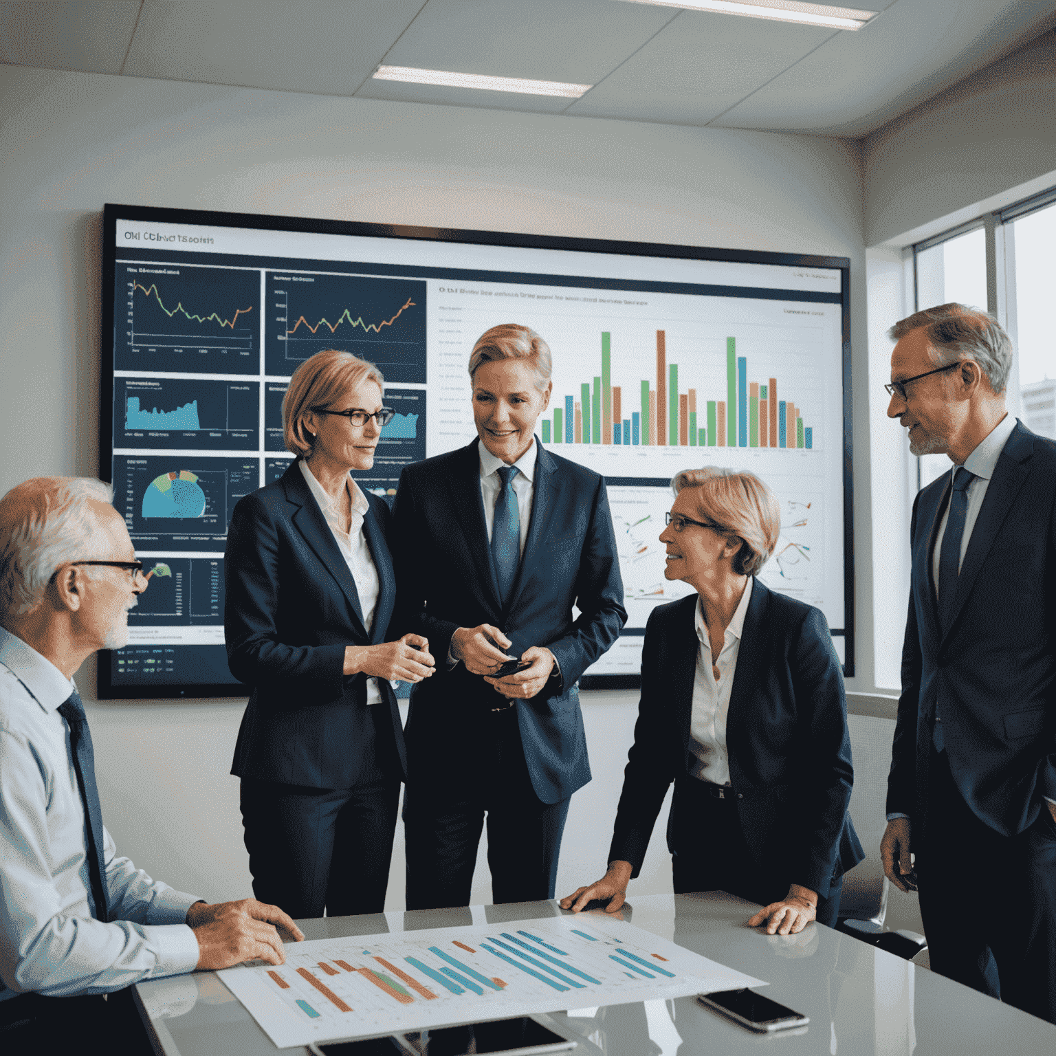 Team of financial advisors and oil industry experts in a modern Canadian office, discussing oil market trends and investment strategies for retirees. The image showcases a diverse group of professionals, both men and women, gathered around a large touchscreen display showing oil production charts and retirement savings graphs.