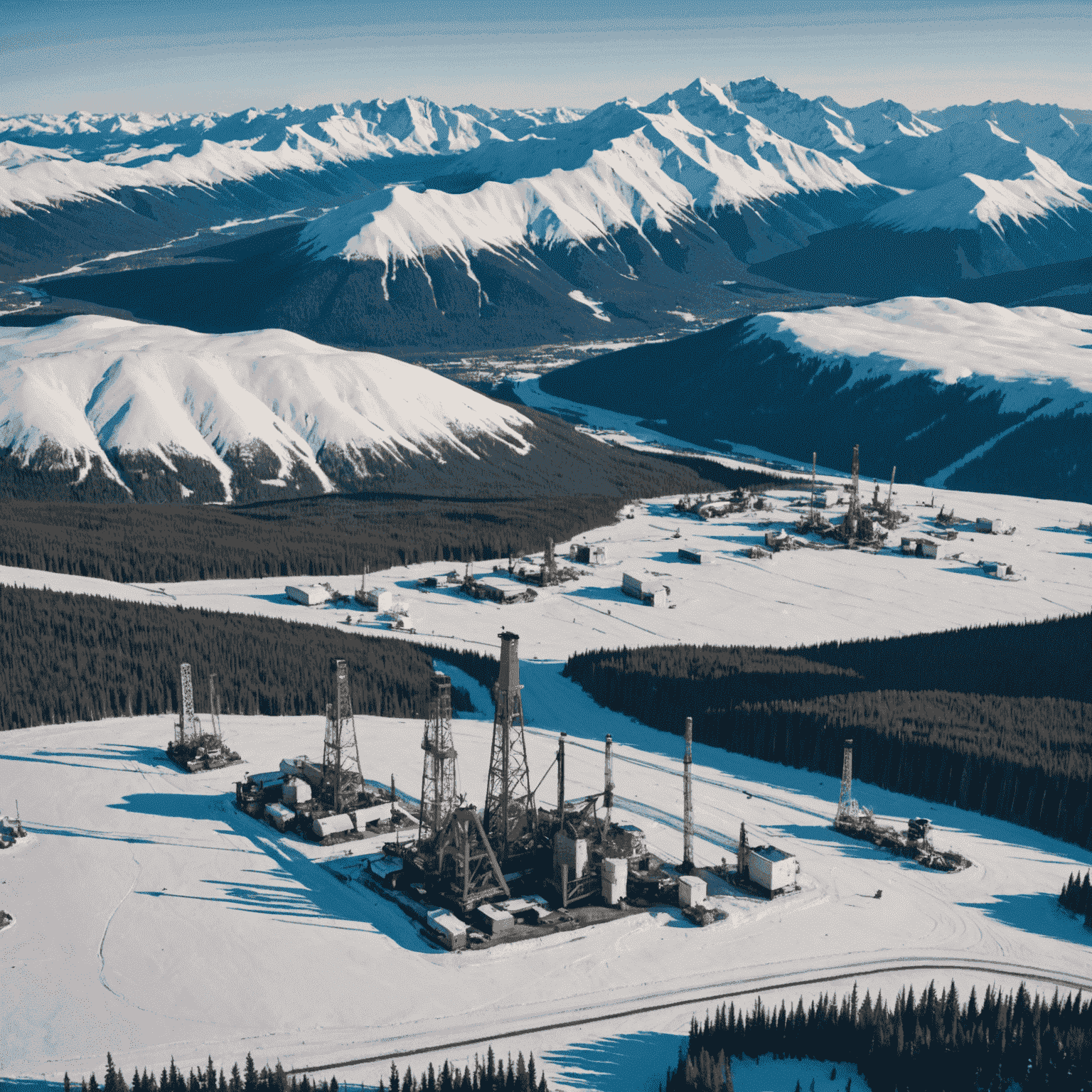 Aerial view of Canadian oil fields with snow-capped mountains in the background, symbolizing the vast potential of the industry for retirees