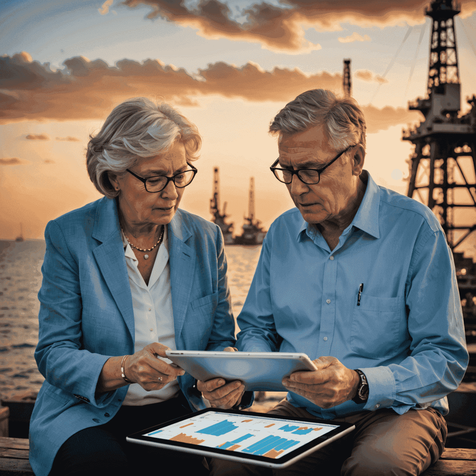 Senior couple reviewing oil stock charts on a tablet, with a backdrop of oil rigs at sunset