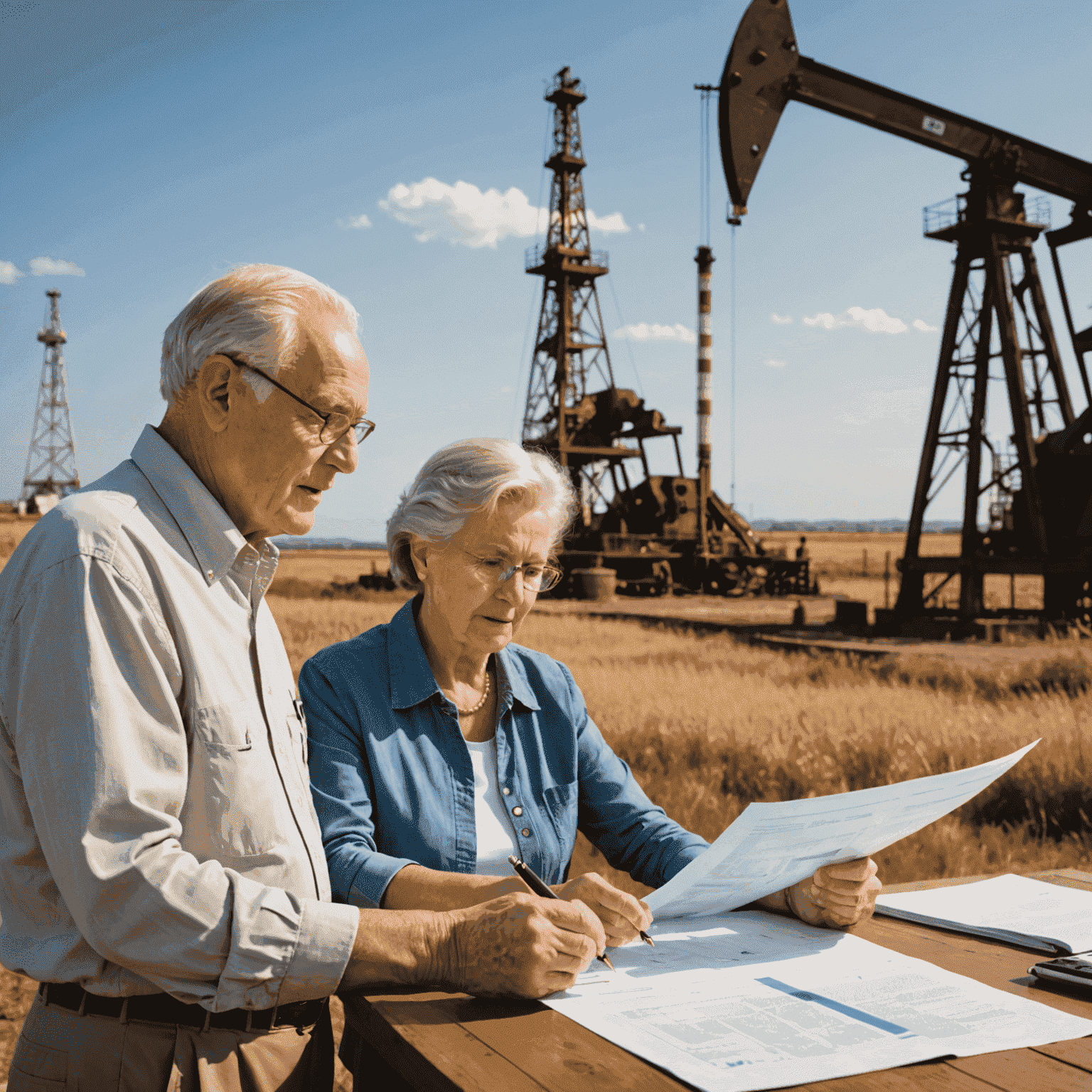 Senior couple reviewing oil royalty investment documents, with oil derricks in the background symbolizing their stable income source