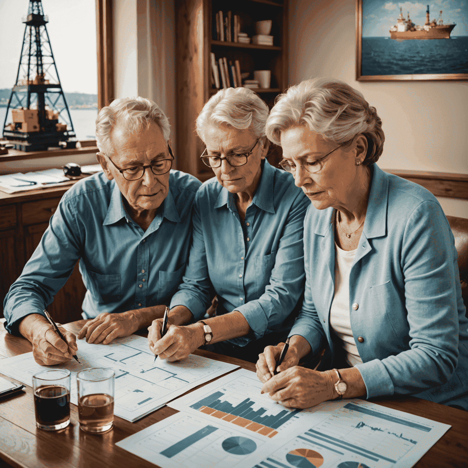 A senior couple reviewing their retirement portfolio with oil rig illustrations and financial charts