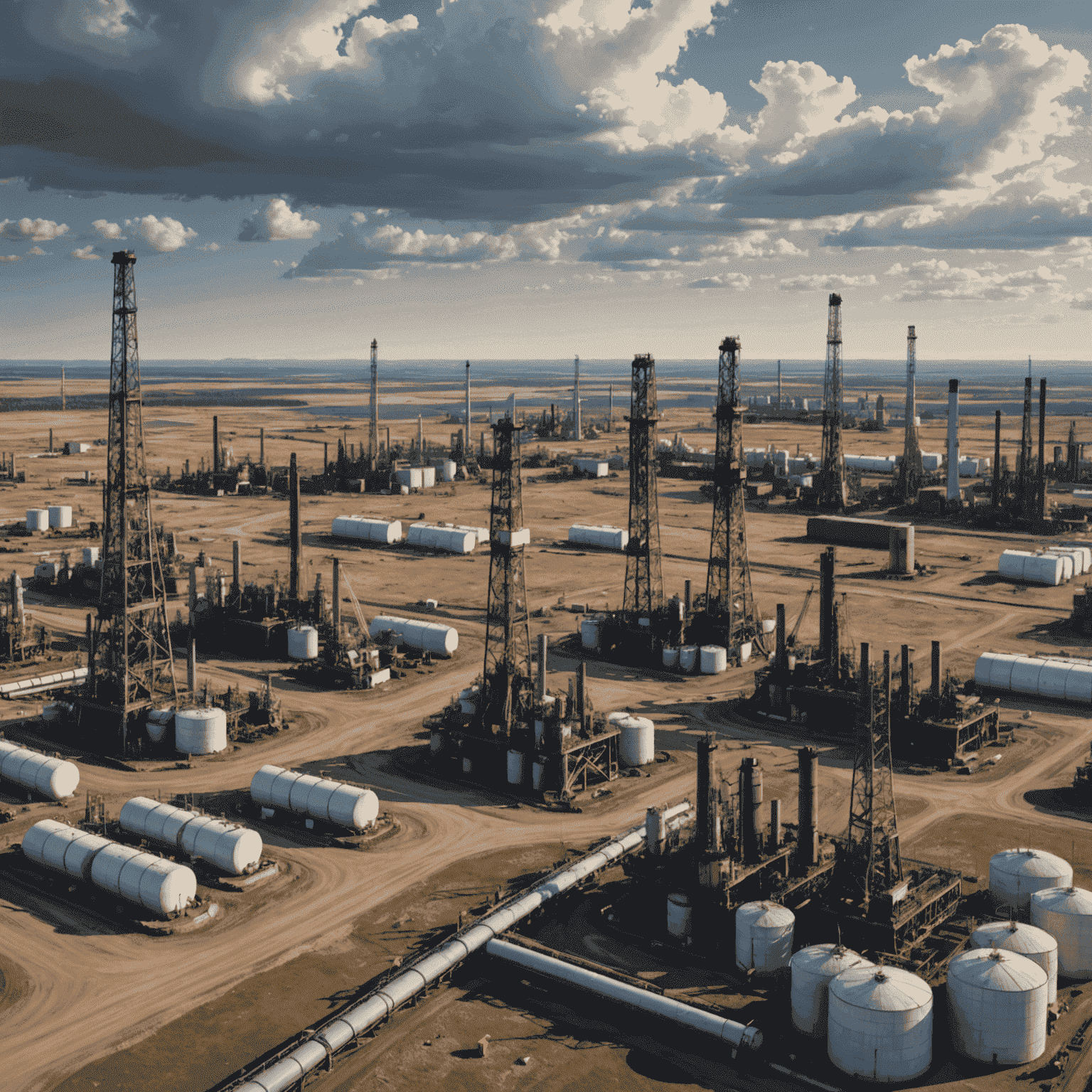 Panoramic view of Canadian oil fields with oil rigs and pipelines, showcasing the vastness of the industry