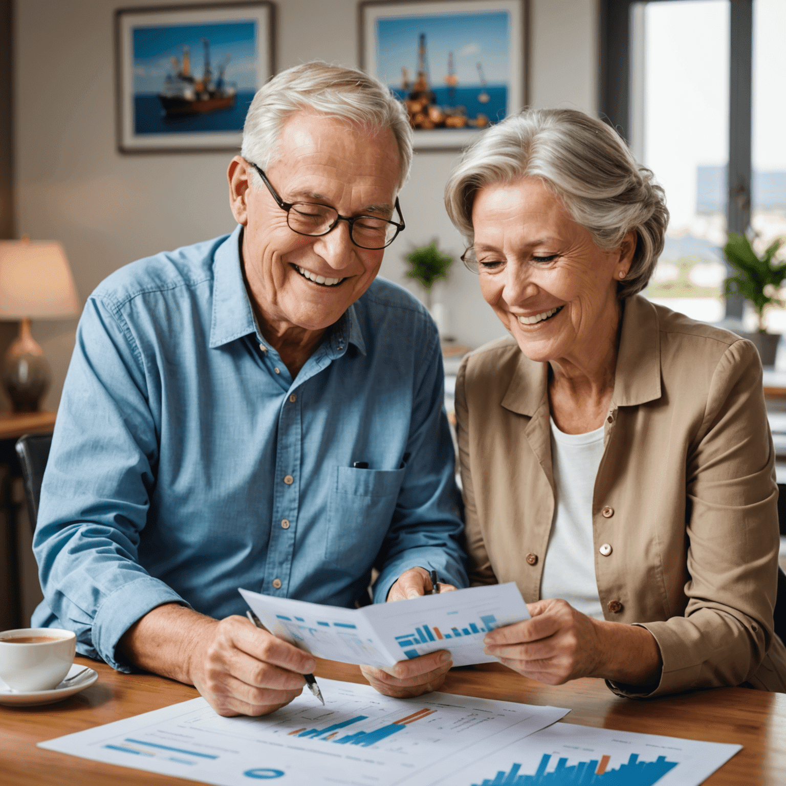 Smiling senior couple reviewing oil industry investment documents, with graphs showing steady income growth