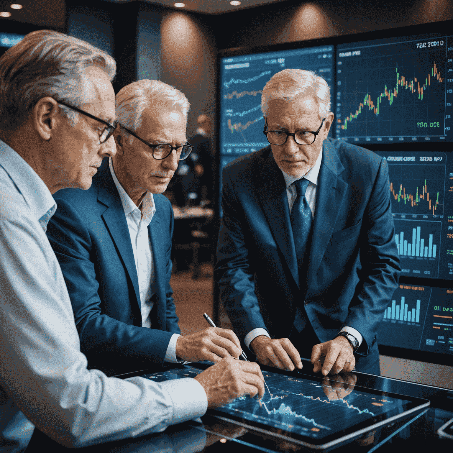 Senior investors analyzing oil stock charts on futuristic touchscreen interfaces