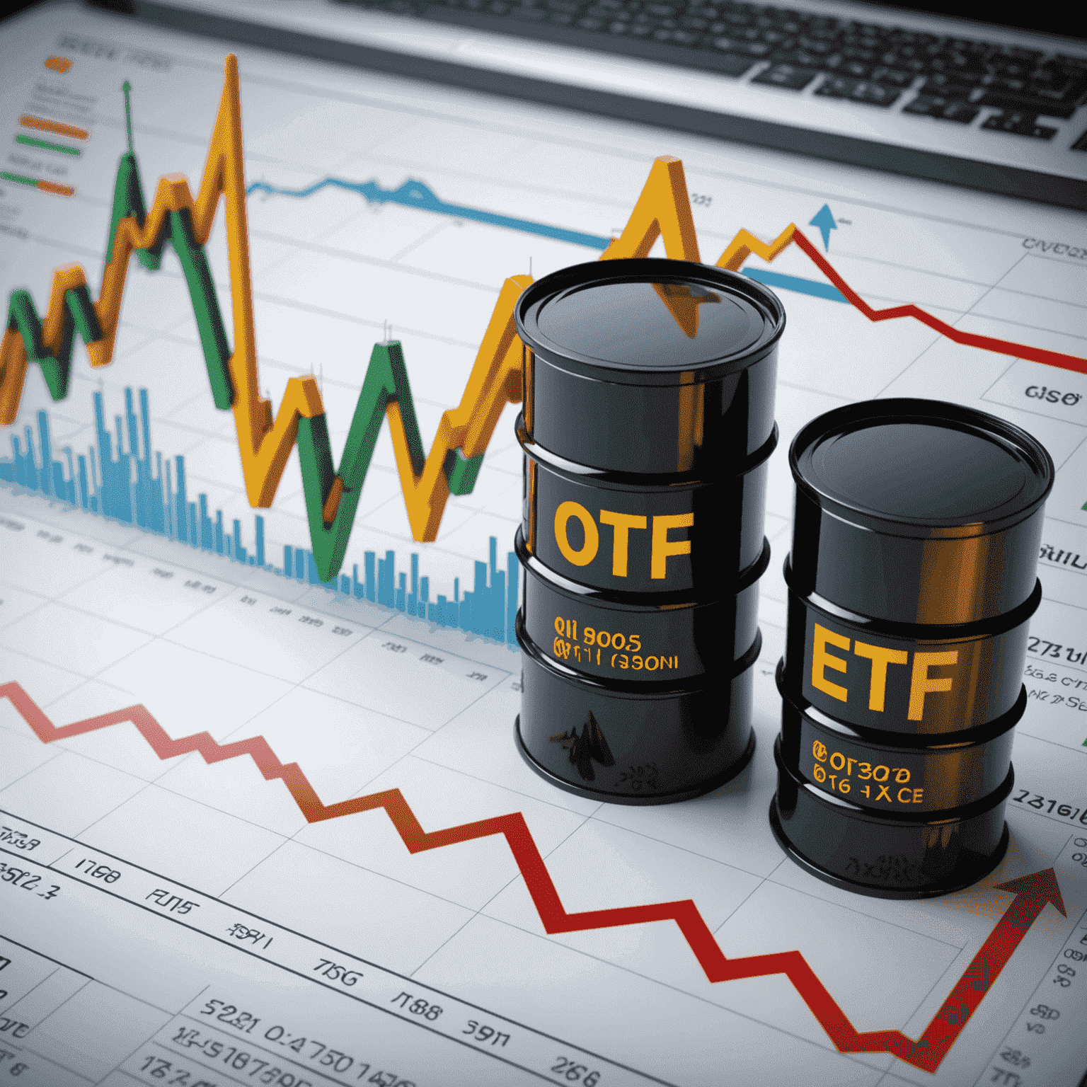 Digital graph showing oil price fluctuations with ETF symbols overlaid