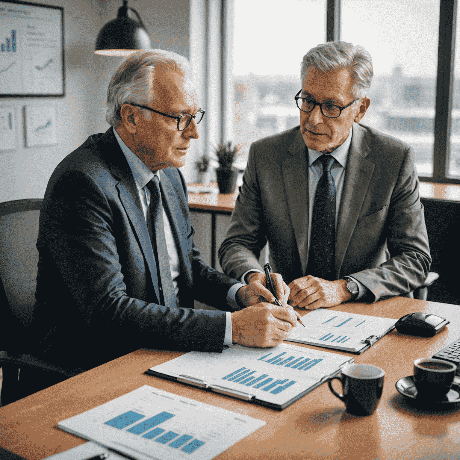 Senior investor discussing oil stock portfolio with a financial advisor in a modern office