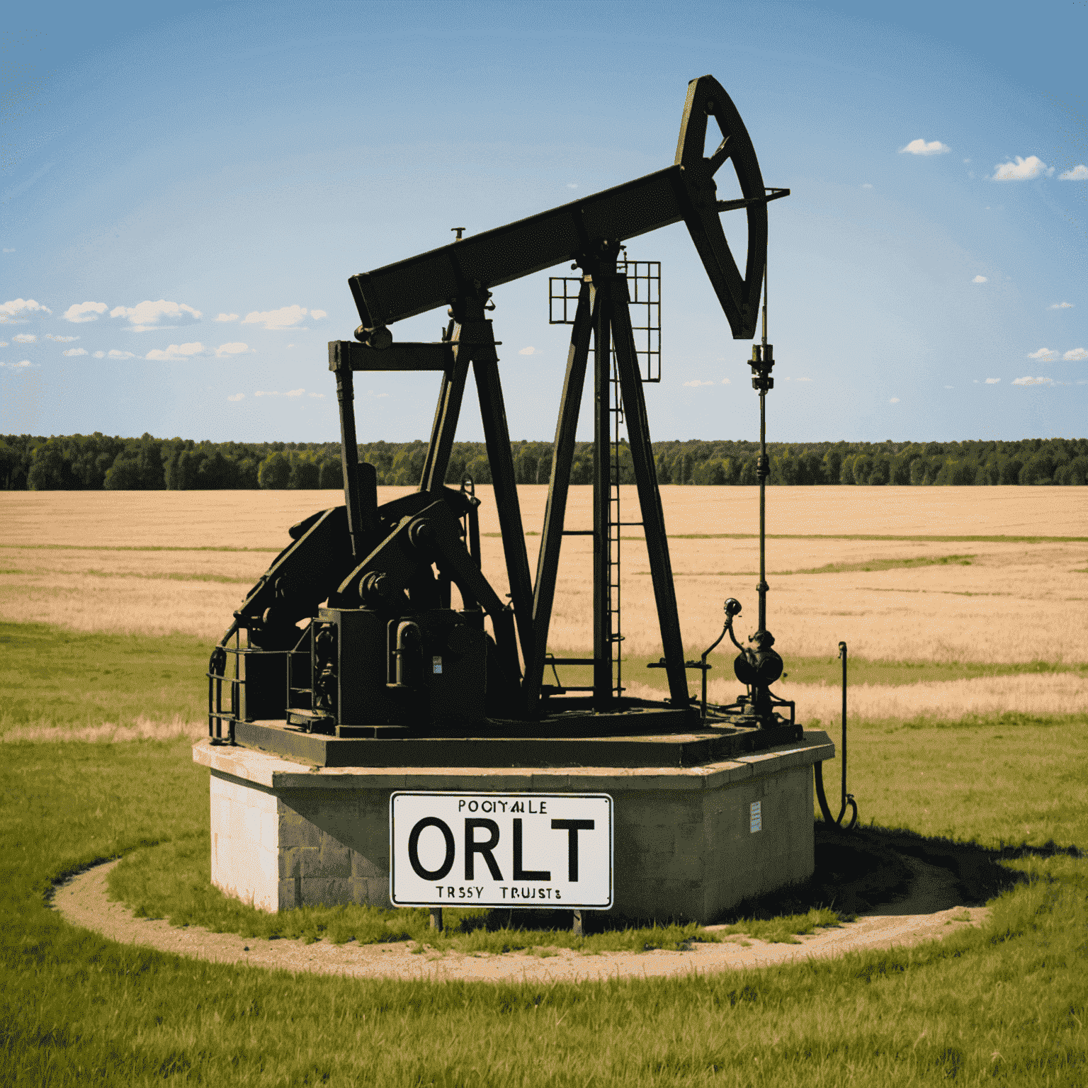 Oil well pumps on a field with a 'Royalty Trust' sign in the foreground