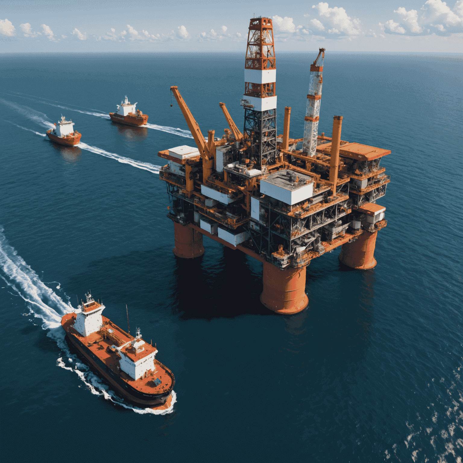 Offshore oil rig with service boats nearby, showcasing oil services operations